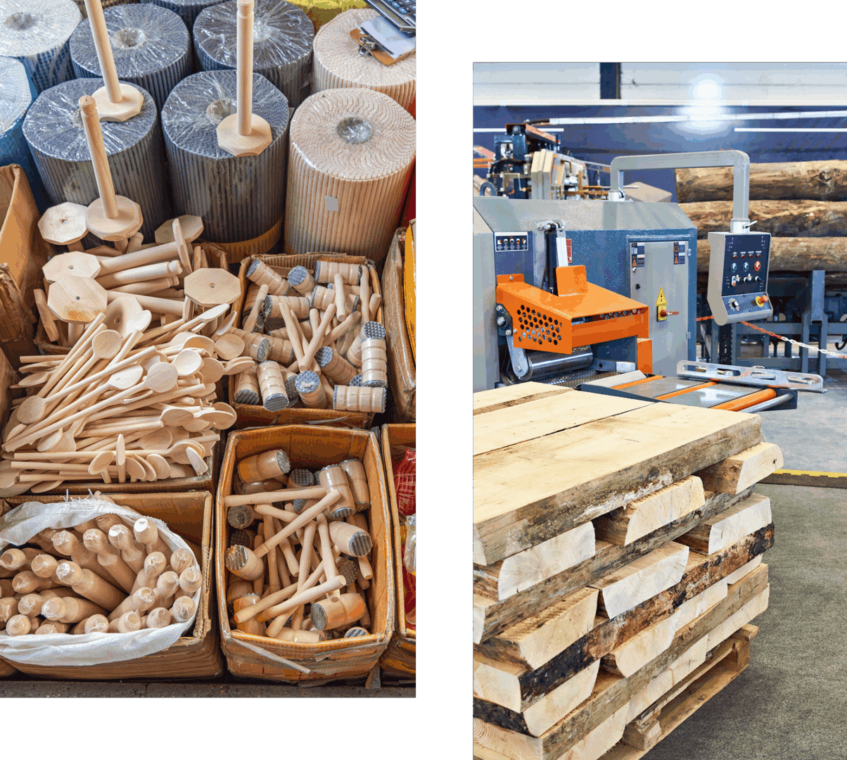 Sawmill and wooden mallets in workshop
